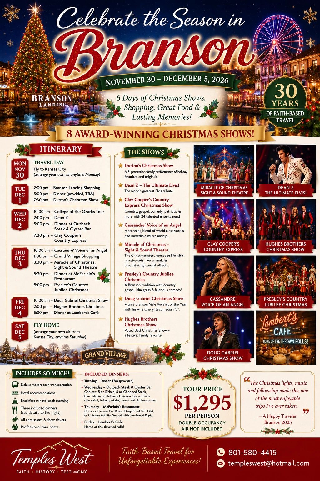 Celebrate the season in Branson with 8 award-winning Christmas shows from November 30 to December 5, 2026.