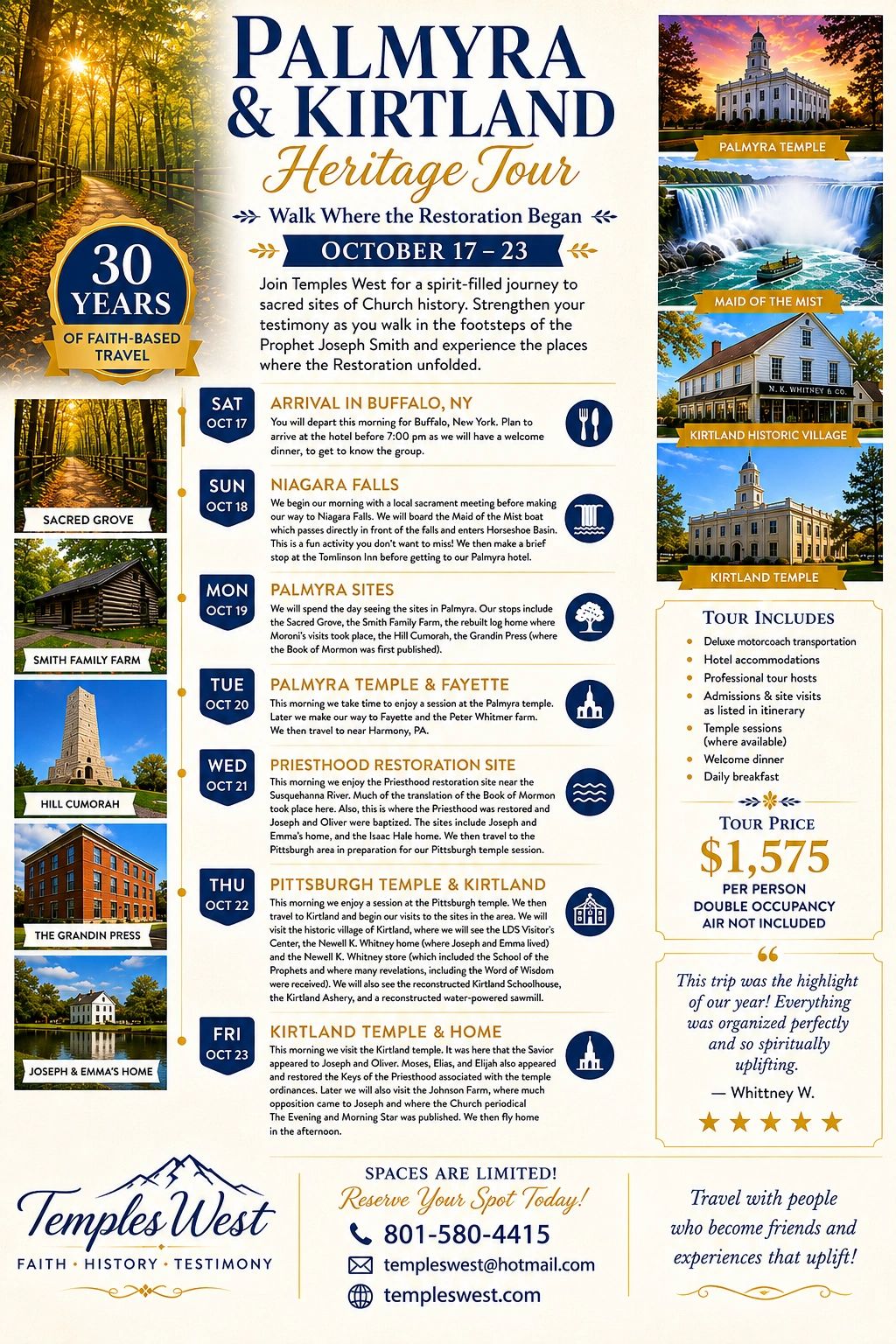 Palmyra &amp; Kirtland Heritage Tour: a faith-based journey through historic church sites from October 17-23.