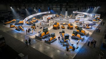 Indoor exhibition showcasing various yellow construction vehicles and machinery.