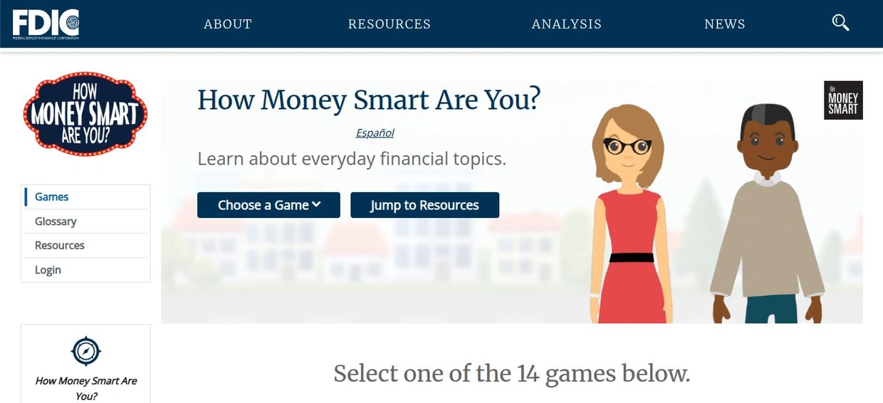 FDIC webpage promoting financial literacy games.