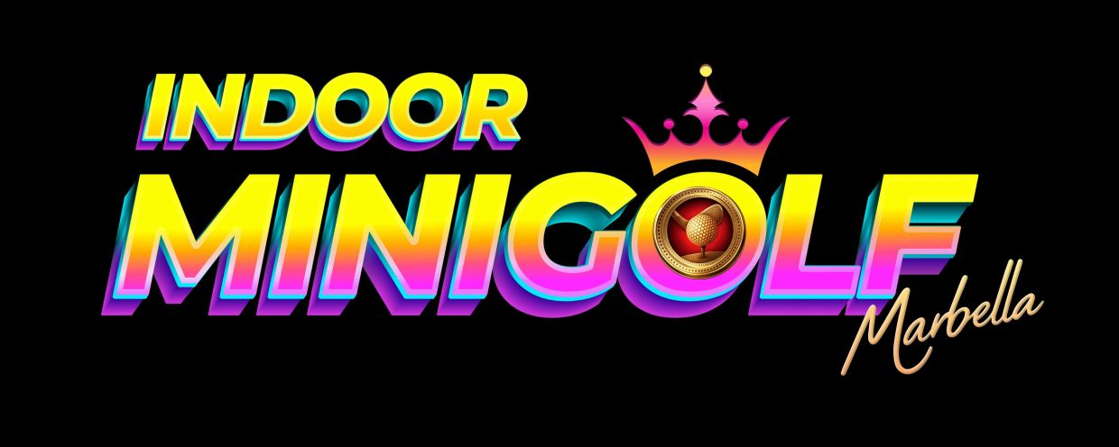 Colorful logo for Indoor Minigolf Marbella with a crown and golf ball design.