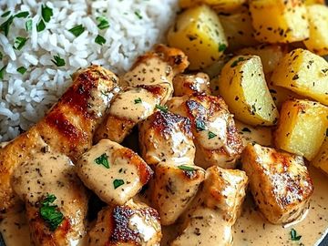 Grilled chicken with creamy sauce, roasted potatoes, and white rice garnished with herbs.
