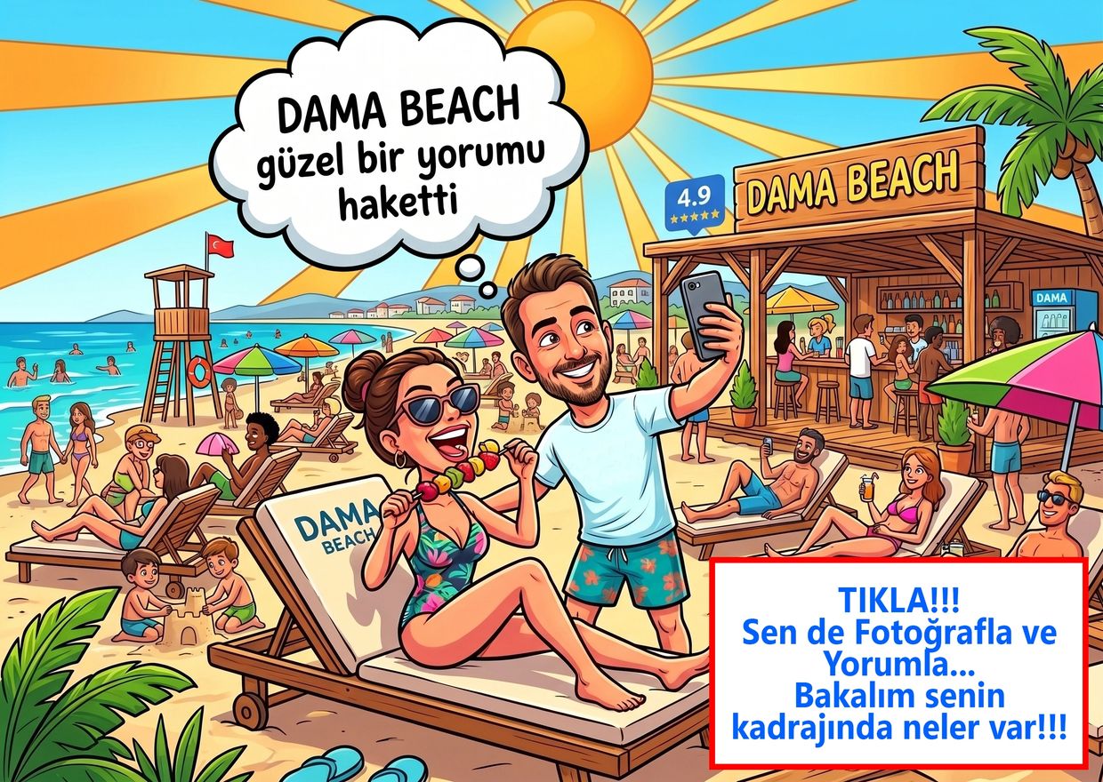 A lively cartoon beach scene with happy people enjoying summer at Dama Beach.