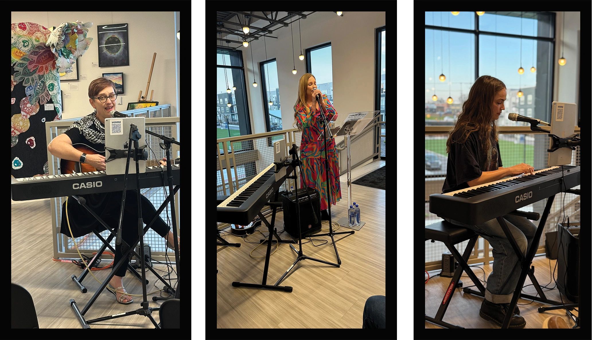Three women performing music indoors with keyboard and microphone setups.