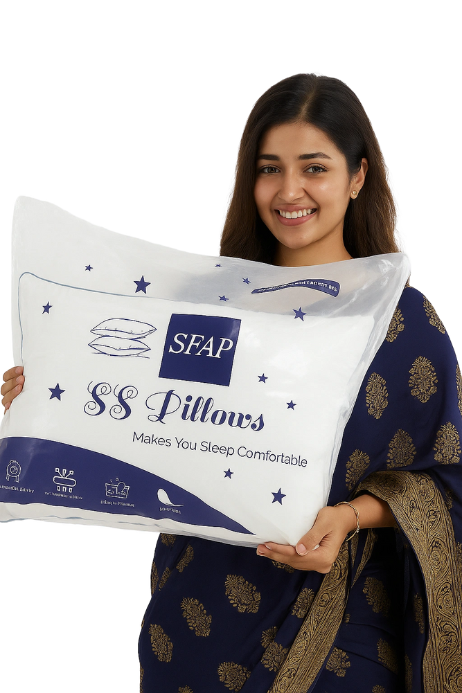 Smiling woman holding a packaged pillow labeled 'SS Pillows' for comfort.