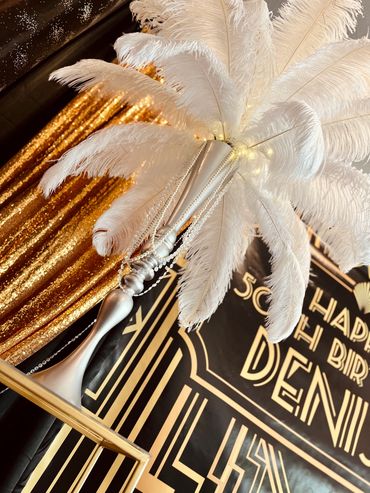 Great Gatsby Theme, Wedding Venue, Feather Centerpiece. Event Planner, Small Event Venue in Torrance