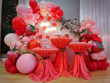 1st Birthday, Balloon Set Up, Party Hall, Event Space In Torrance, Strawberry Theme Birthday