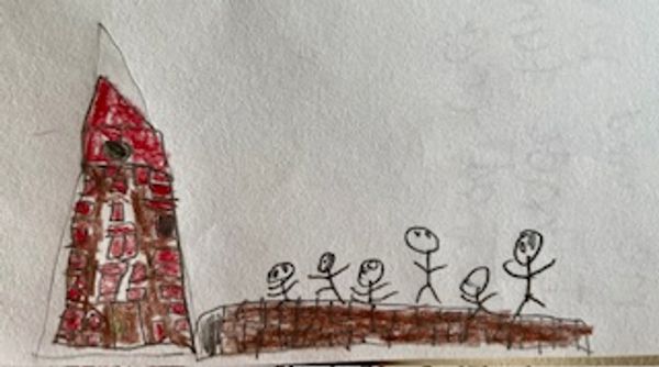 Child's drawing of a red building and six stick figures on a brown platform.