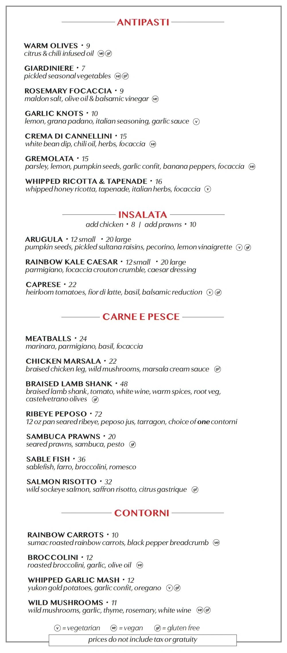 Italian menu featuring antipasti, salads, meat, fish, and sides with dietary icons.
