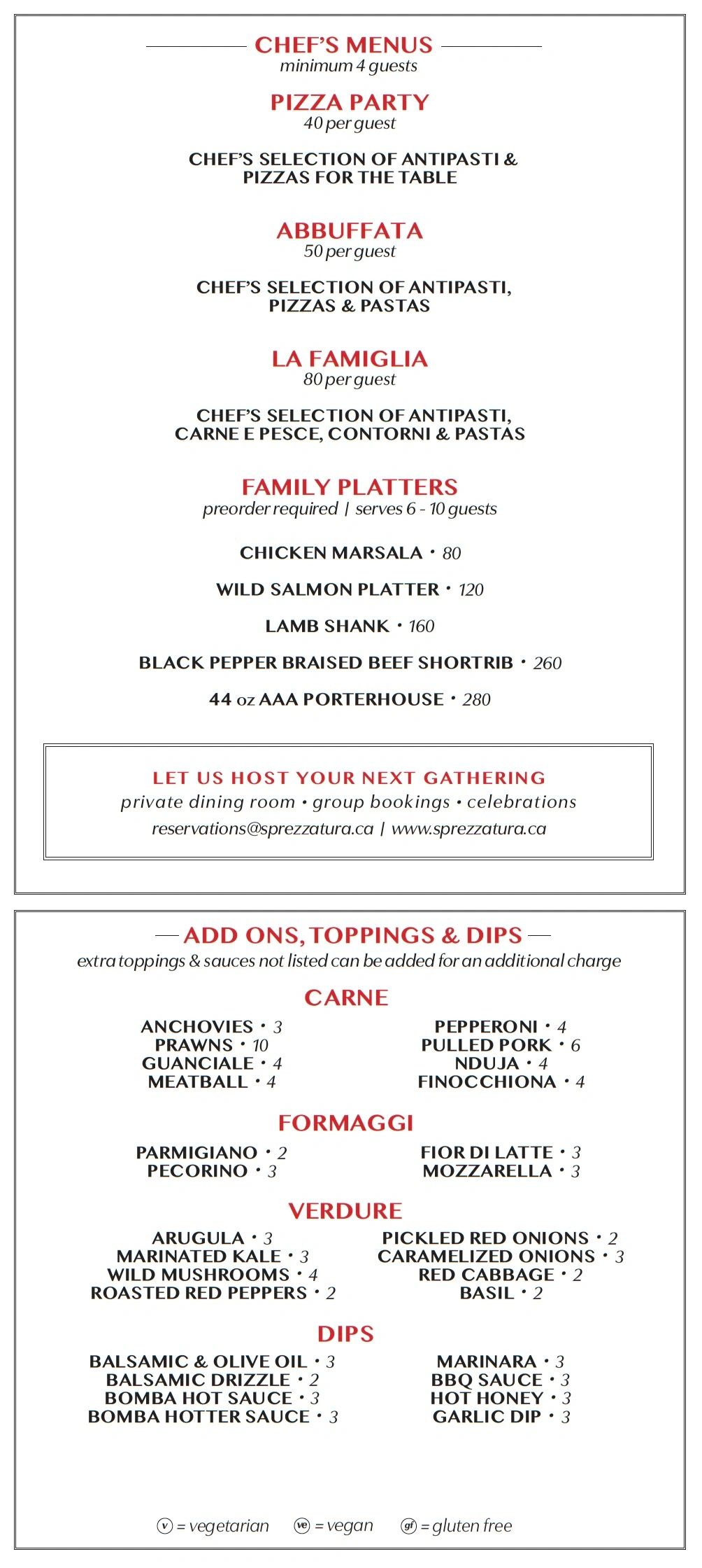 Chef's menus including pizza party, family platters, and add-ons like carne, formaggi, and dips.