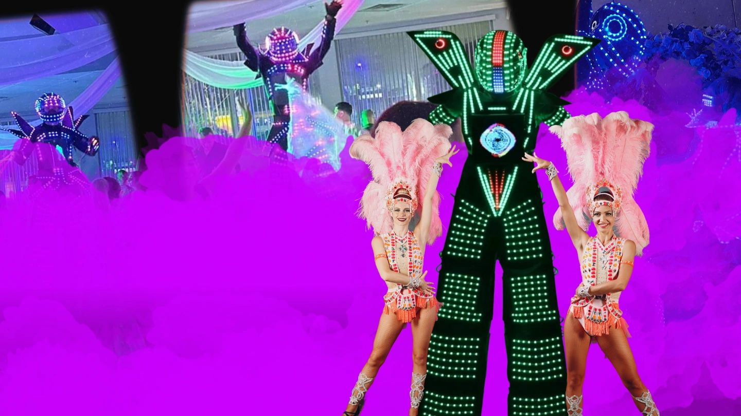 Hora Loca includes amazing and fun stilt walkers, bringing your event to life with vibrant dancers.