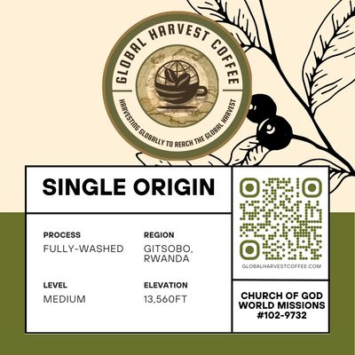 Coffee label for Global Harvest Coffee, single origin from Rwanda.