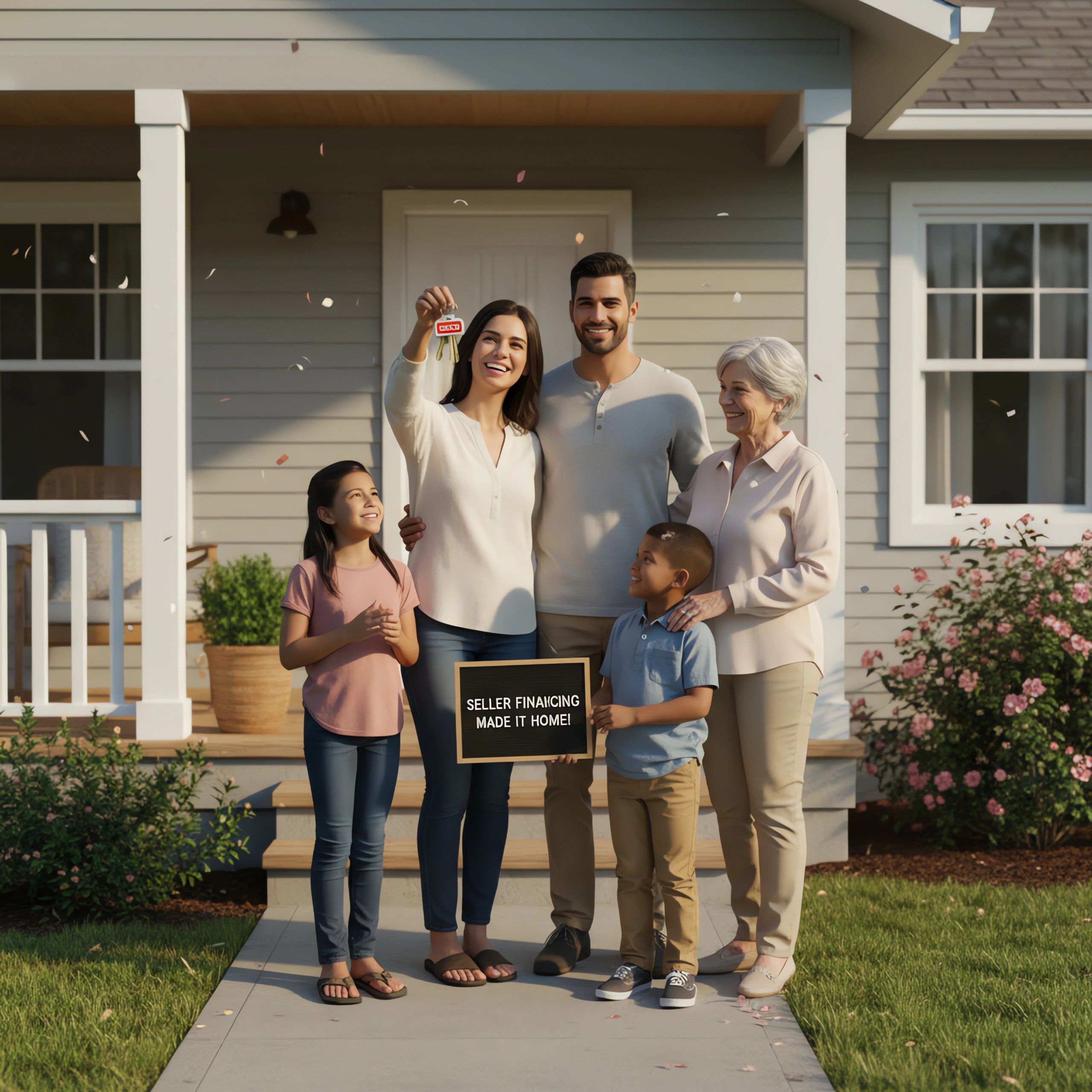 Smiling family on porch holding keys after buying NC home through seller financing