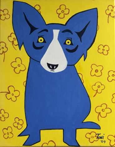 Blue dog illustration on a yellow flowered background.