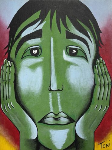 Expressionist green face with hands on cheeks.