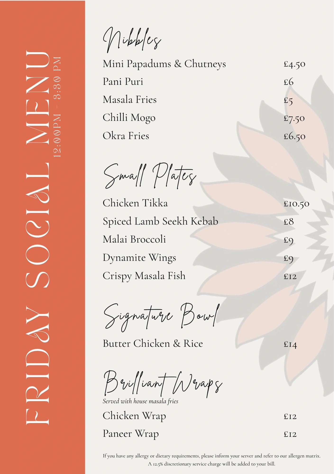 Friday social menu with nibbles, small plates, signature bowl, and wraps.
