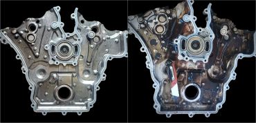 Comparison of clean and dirty engine parts.
