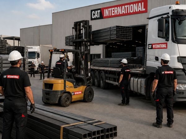 Workers using forklift to load metal beams onto a truck at a warehouse.