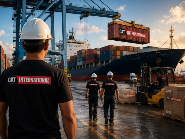 Workers in CAT INTERNATIONAL shirts at a busy port with shipping containers.