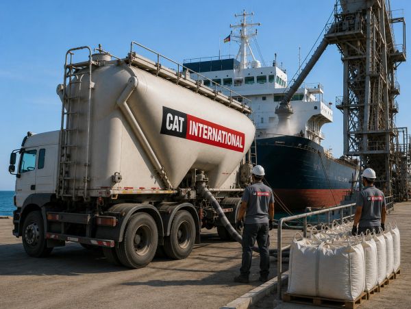 Truck unloading cargo at a port with workers nearby.