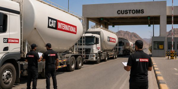 Trucks passing through customs checkpoint with workers inspecting.