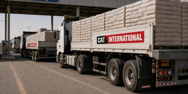 Trucks loaded with cement bags parked in a line.