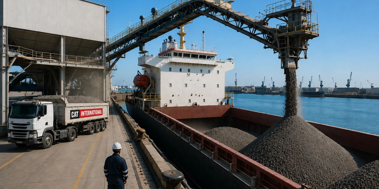Ship loading bulk material at a port with a worker watching.