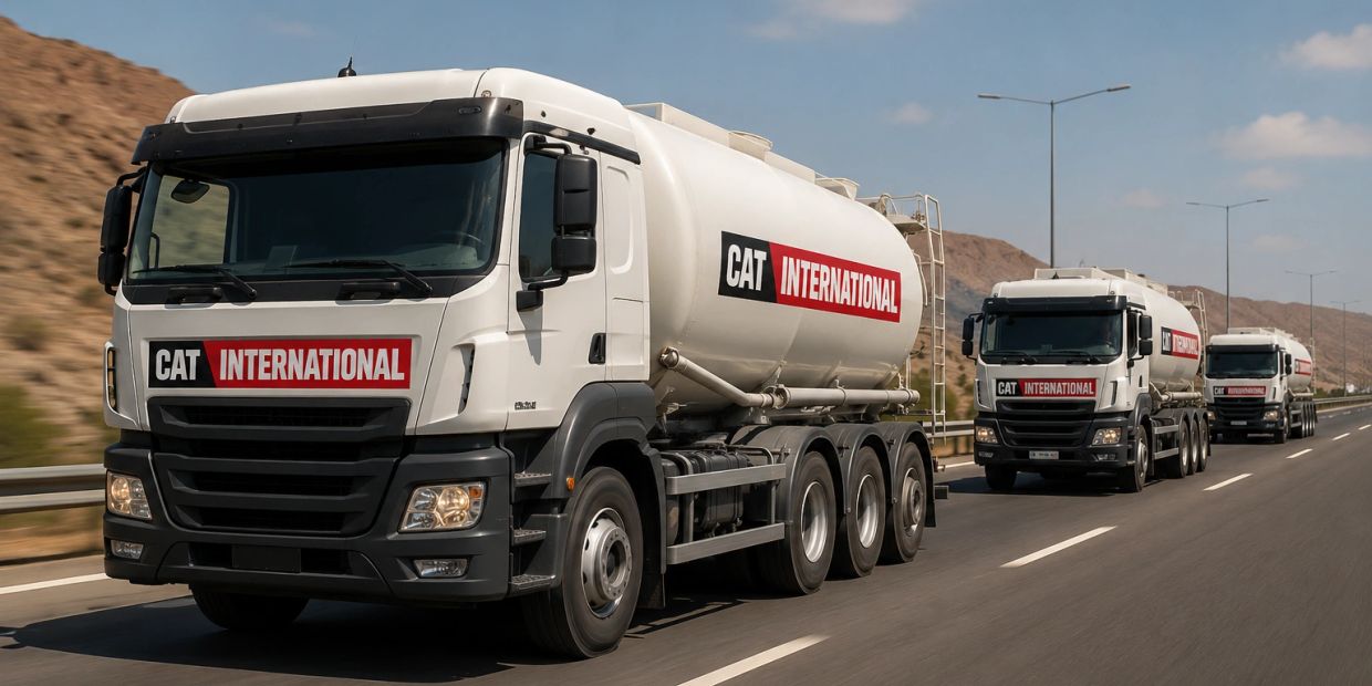 Fleet of white CAT INTERNATIONAL tanker trucks on a highway.