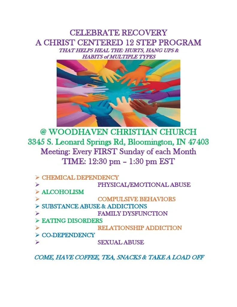 Flyer for Celebrate Recovery, a Christ-centered 12-step program at Woodhaven Christian Church.
