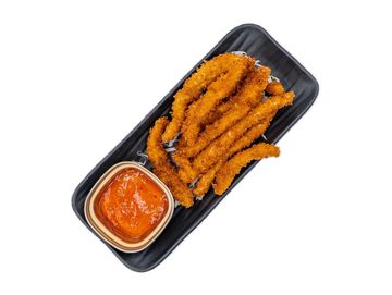 Crispy breaded chicken strips served with a side of sweet chili sauce.