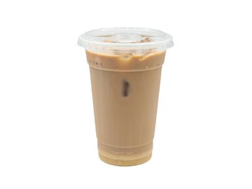 Iced coffee in a clear plastic cup with a lid.