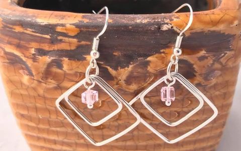 Argentium Sterling Silver Diamond Shaped Earrings with Pink Swarovski Crystal.
