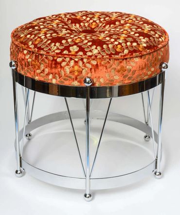 Mid Century Chromed and Velvet Embroidered Stool, @ AUBERY MIAMI, Sold.