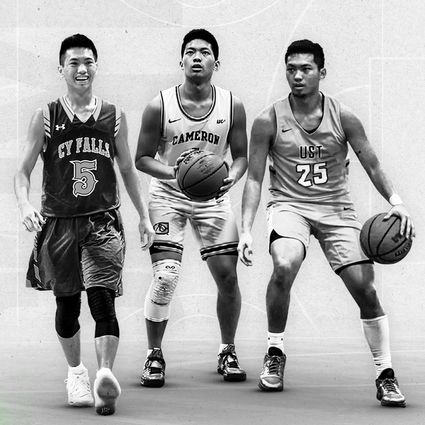 Three basketball players in action, wearing different team jerseys.