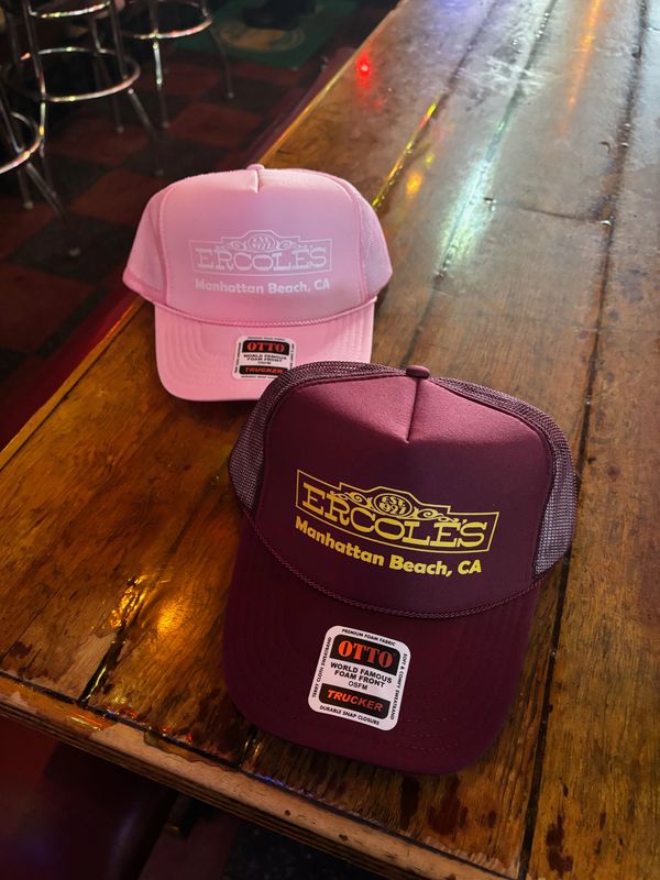 Pink Trucker Hat with White Outline of Ercole's Sign & Maroon Trucker Hat with Gold Outline