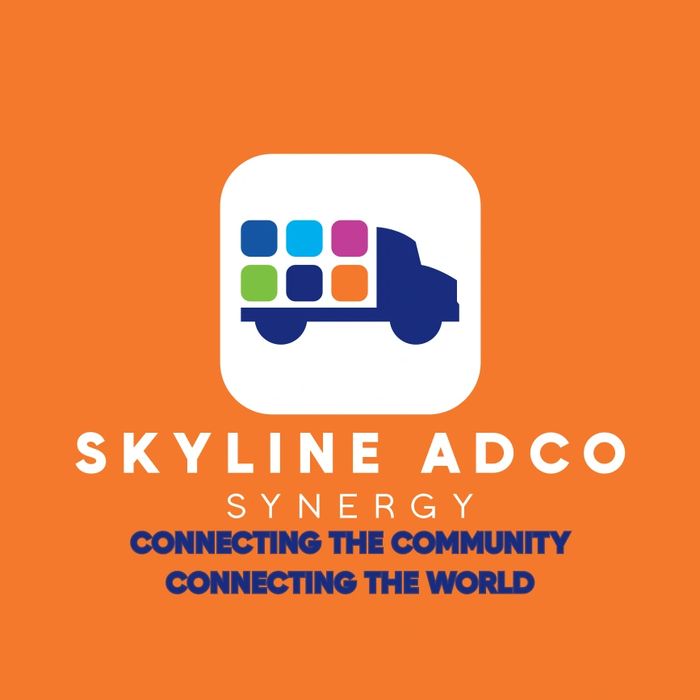 Logo of Skyline Adco Synergy with a colorful truck on an orange background.