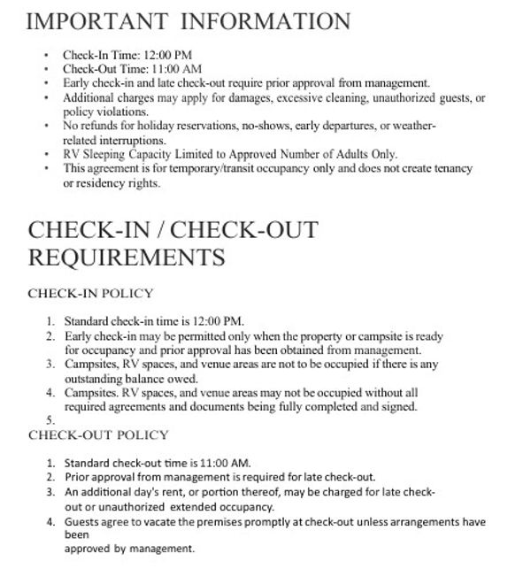 Rules and policies for check-in and check-out times at an RV or campsite.