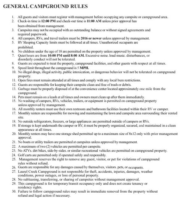 A list of 30 general campground rules for guests and visitors.