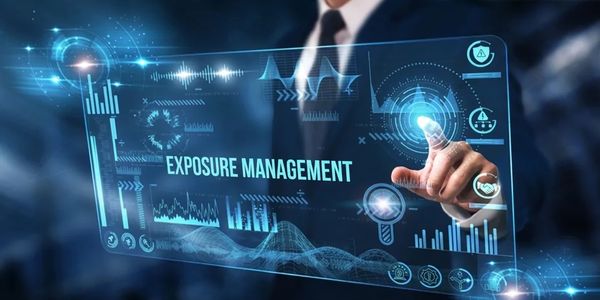 Businessman interacting with a futuristic exposure management interface.