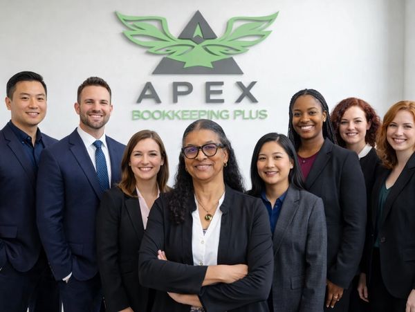 A diverse group of professionals posing at Apex Bookkeeping Plus.