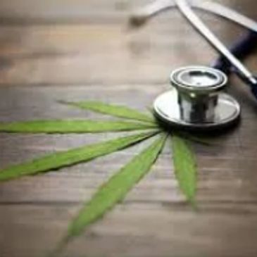 Stethoscope placed on a cannabis leaf symbolizing medical marijuana.