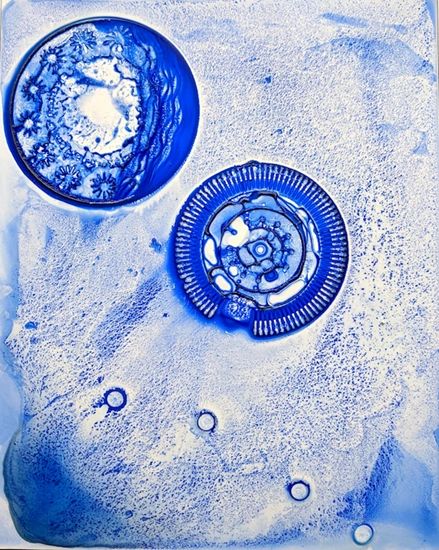 Seeking the Sound of Cobalt Blue_Daisy Wheel, 2020, acrylic, gouache on clayboard panel, 10 x 8 inches