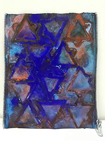 Seeking the Sound of Cobalt Blue - Chunk, pigment, acrylic, ink on paper, with metal zipper, 9 x 7 inches