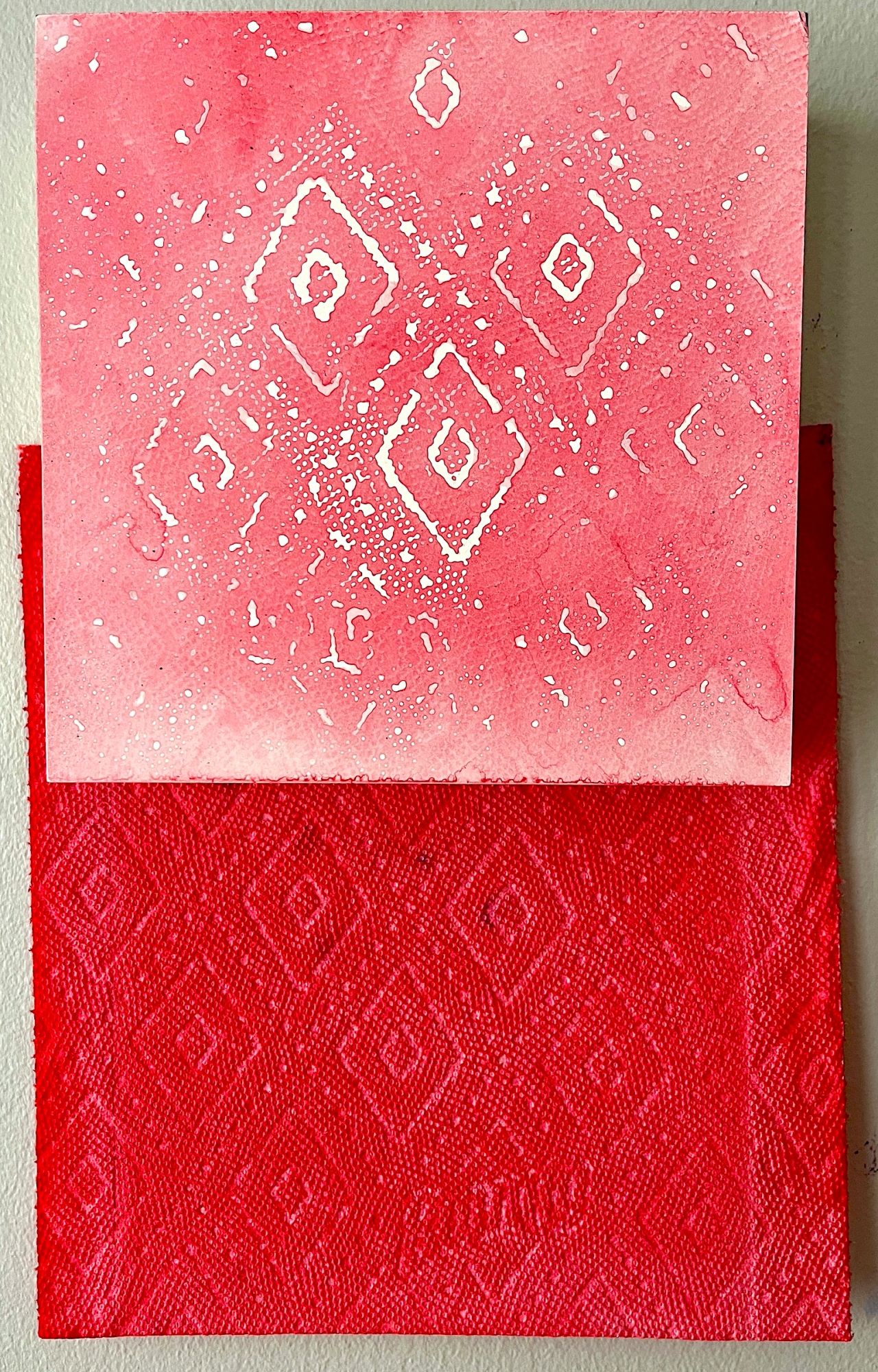 Fagan, Bounty_Red Extended, 2023, ink, repurposed paper, clay board panel mounted on wood cradle, 15 x 10 x 2 inches