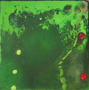 G, 2012, ink, acrylic, enamel on clay board, 8 x 8 x 2 inches
