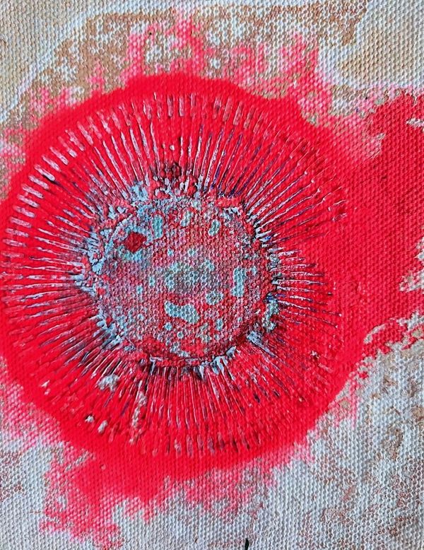Ellen Hackl Fagan, Daisy Wheel Day-Glo Red, 2024, ink, acrylic on repurposed canvas