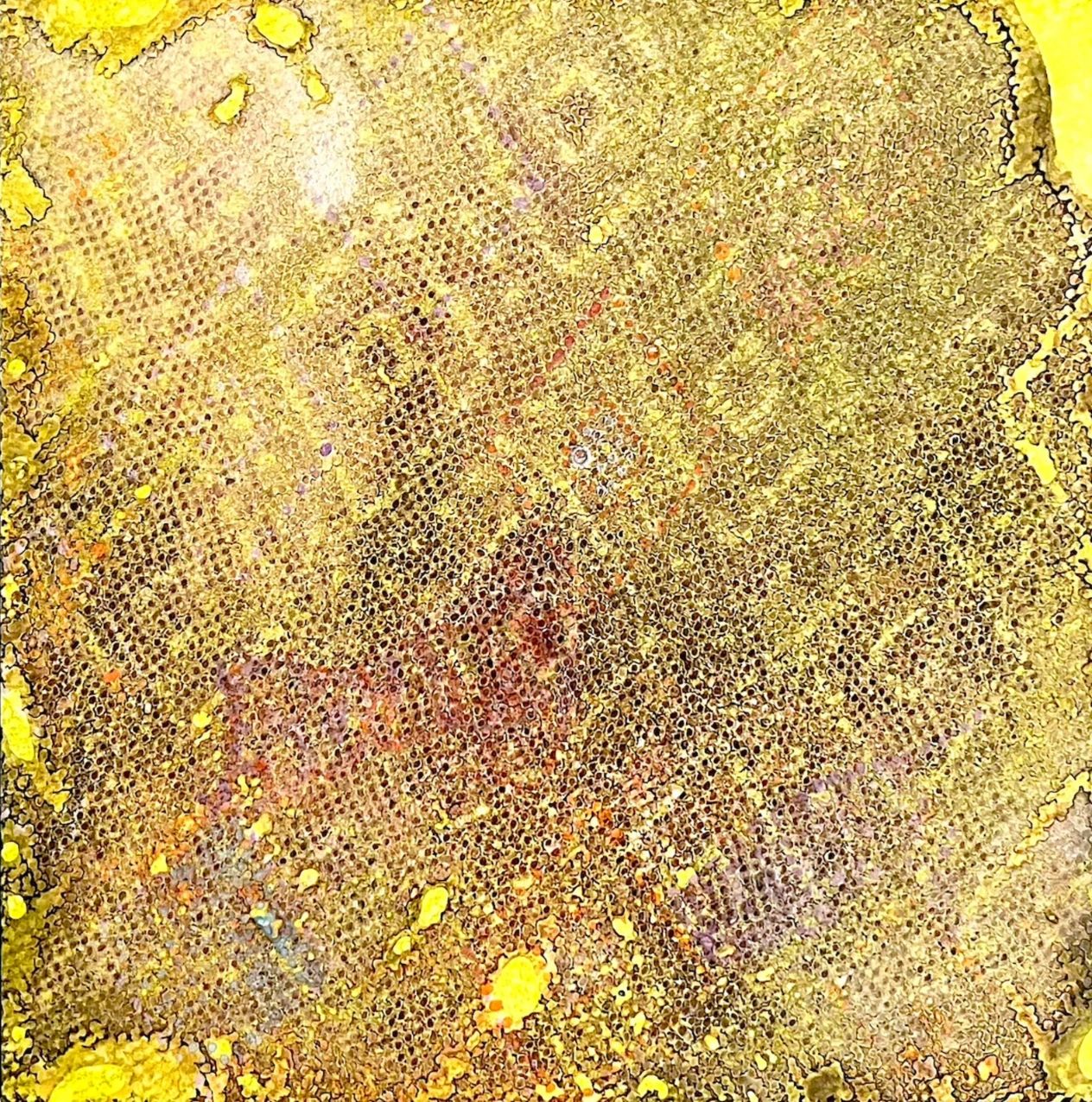Bliss_Yellow, 2022 Ink, acrylic, pigment on clay board panel, mounted on wood cradle 8 × 8 × 2 in