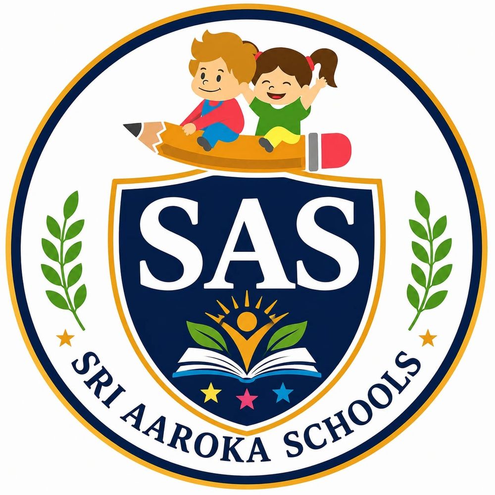 Logo of Sri Aaroka Schools with children riding a pencil.