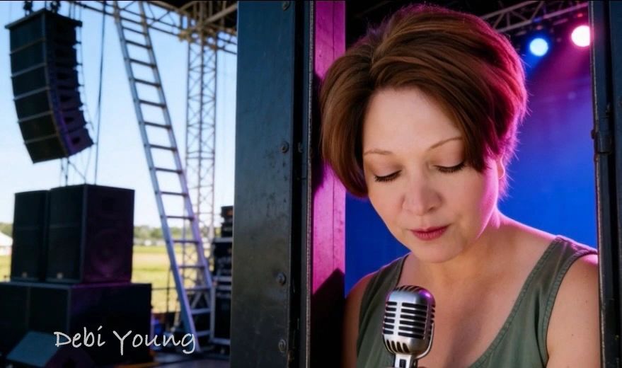 Woman holding a microphone on stage near speakers.