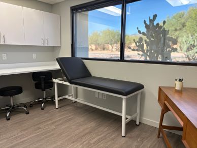 A clean medical exam room with a black exam table and a wooden desk.